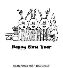 Prinshot with New Year's deer, gifts. Festive mood, Christmas. Deer sing a song. For textiles, packaging, printshot, coloring for children and adults. Isolated white background, hand drawn graphics