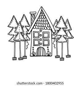Prinshot with New Year's houses, Christmas trees with a garland, lights, New Year's house in the forest. Festive mood, Christmas. For textiles, packaging, coloring for children and adults. Isolated 