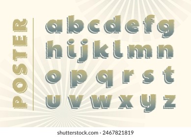 Print 3D vintage halftone alphabet poster. Collage style stencil letters with shadow and polka dot decor. Letters, Numbers, punctuation marks. Retro ABC collection. Typography vector illustration