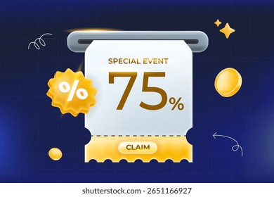 Imprimir 3D amarillo y blanco vale de regalo 75% de descuento de Reclamo de Cupón de evento especial por tiempo limitado, y descuento de porcentaje de etiqueta amarilla. Ilustración vectorial