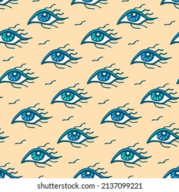 Print with abstract eyes. Psychedelic, esoteric pattern with divine gaze for evil eye talisman design. Hand drawn beige blue seamless texture. Crazy witch look. Modern vector illustration.