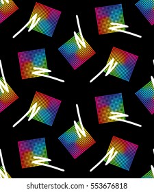 Print from abstract figures. Seamless pattern with rainbow square and white line. Style of the 80's and 90's, webpunk, vaporwave, kitsch, aesthetic, bright vector illustration EPS 8