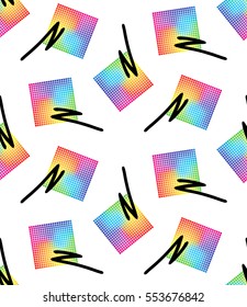 Print from abstract figures. Seamless pattern with rainbow square and black line. Style of the 80's and 90's, webpunk, vaporwave, kitsch, aesthetic, bright vector illustration EPS 8