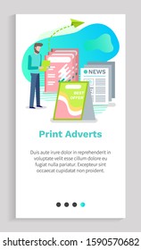 Print advert, man holding card, ad best offer, newspaper and booklet, business promotion, sheet and flyer, magazine decoration, publication vector. Website or app slider, landing page flat style