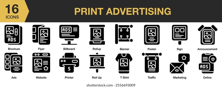 Print Advertising solid icon set. Includes Newspaper, Print, Publication, Articles, Announcement, Press, and More. Solid icons vector collection.