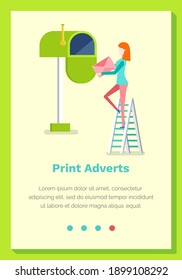 Imprimir la página web de anuncios o la ilustración de un vector plano del sitio. La mujer envía periódicos y folletos por correo. Plantilla de página de inicio del sitio web. Niña con un sobre en sus manos sube las escaleras al buzón