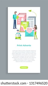 Print adverts website, people reading papers with news. Screen of web page with publication, man and woman holding newspaper, special offer magazine vector