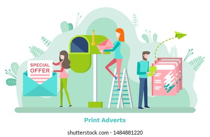 Print adverts, woman holding promotion letter of special offer, man with paper. Post box and cover, people characters on stairs with newsletter or document. Vector illustration in flat cartoon style