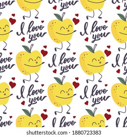 The print is an apple blowing air kisses with a phrase. The kawaii fruit is a vector illustration. The texture is in trendy yellow and gray colors. The seamless pattern for Happy Valentine's Day