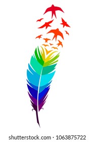 Print art concept colorful design tattoo black feather flying birds swallows silhouette. Vector illustration fly magical pen writer writing