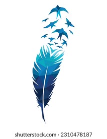 Print art concept colorful design tattoo black feather flying birds swallows silhouette. Vector illustration fly magical pen writer writing