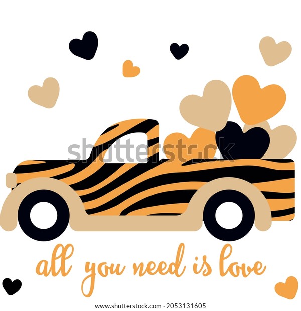 Print Art Vector illustration. All you need is\
love. Cute truck car with\
hearts.	