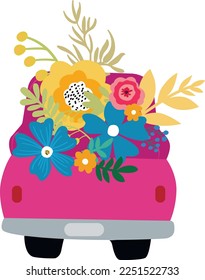 Print Art Vector illustration. Cute pink truck car with flowers.	