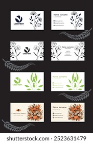 Print an artistic, colorful, florally decorated business card template set.
