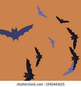 Print Attack Sky Violet Flying Bats Art Pattern. Chaos Retro Spooky Night Halloween Art Illustration. Eyes Creepy Orange Gothic Motion Bats Vector Design Pic. Colorful Scary Purple Black Simple Art.