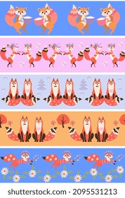 Print for baby bedding, towels. Cute cartoon foxes and squirrels on horizontal stripes in pink, orange and blue. Vector design.