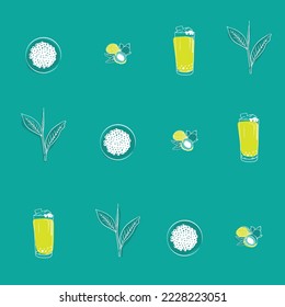 Print background with Lychee, tea leaf, tapioca pearl and bubble tea line art for drink background