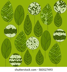 Print background set leaf outline textured green on green