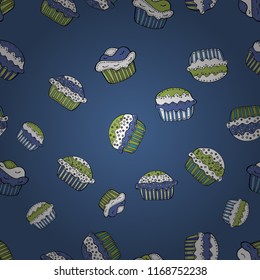 Print for bakery. Vector illustration. Seamless pattern hand drawn cupcakes. Sweets background design. Blue, white and black color.