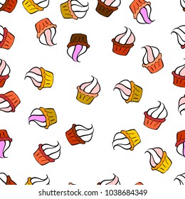 Print for bakery. White, black and orange color. Sweets background design. Seamless pattern hand drawn cupcakes. Vector illustration.