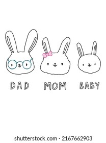 Print, banner, brochure with a cute bunny family text dad mom baby isolated background. Postcard rabbit vector illustration.