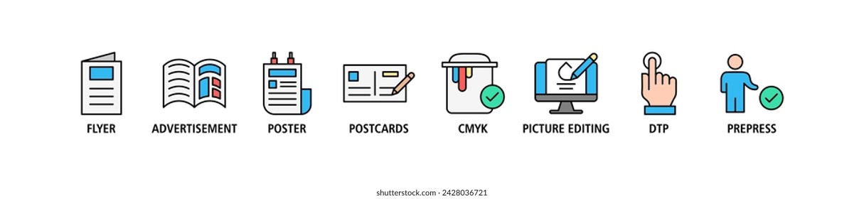 Conjunto de iconos web de banner de impresión concepto de ilustración vectorial con icono de volante, anuncio, folleto, póster, postales, cmyk, edición de imágenes, dtp y preimpresión