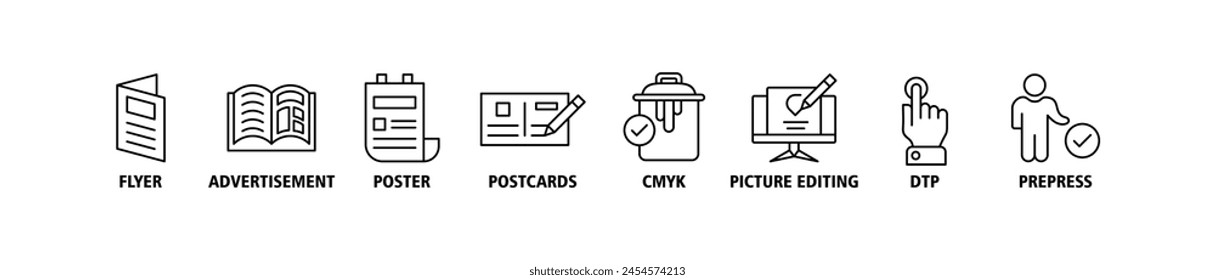 Print banner web icon set vector illustration concept with icon of flyer, advertisement, brochure, poster, postcards, cmyk, picture editing, dtp, and prepress