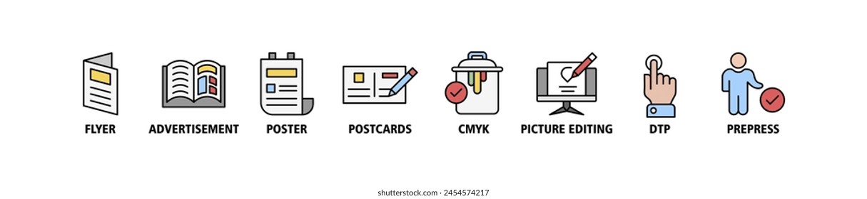 Print banner web icon set vector illustration concept with icon of flyer, advertisement, brochure, poster, postcards, cmyk, picture editing, dtp, and prepress