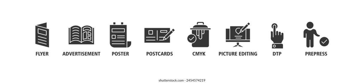 Print banner web icon set vector illustration concept with icon of flyer, advertisement, brochure, poster, postcards, cmyk, picture editing, dtp, and prepress