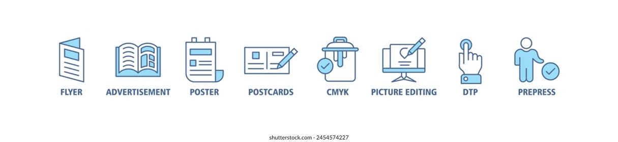 Print banner web icon set vector illustration concept with icon of flyer, advertisement, brochure, poster, postcards, cmyk, picture editing, dtp, and prepress