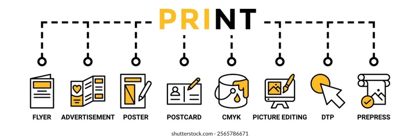 Print banner web icon vector illustration concept with icon of flyer, advertisement, brochure, poster, postcards, cmyk, picture editing, dtp, and prepress