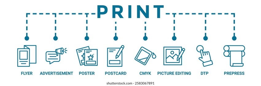 Print banner web icon vector illustration concept with icon of flyer, advertisement, brochure, poster, postcards, cmyk, picture editing, dtp, and prepress