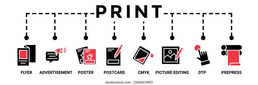 Print banner web icon vector illustration concept with icon of flyer, advertisement, brochure, poster, postcards, cmyk, picture editing, dtp, and prepress