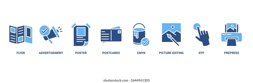 Imprimir banner web icon vetor ilustração conceito com ícone de panfleto, anúncio, folheto, cartaz, cartões postais, cmyk, edição de imagem, dtp e pré-impressão