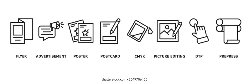 Imprimir banner web icon vetor ilustração conceito com ícone de panfleto, anúncio, folheto, cartaz, cartões postais, cmyk, edição de imagem, dtp e pré-impressão