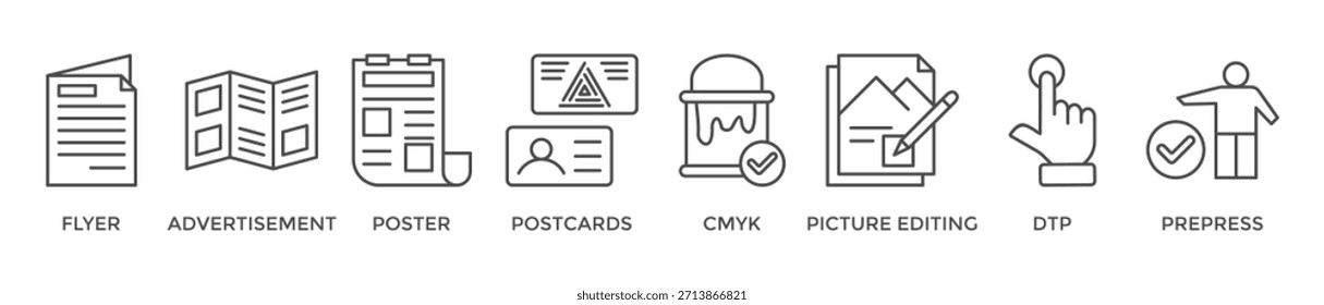Imprimir concepto de Ilustración vectorial de iconos de Web de Anuncio con ícono de volante, publicidad, folleto, póster, postales, cmyk, edición de imágenes, dtp y preimpresión