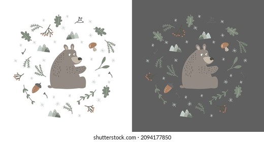 Print bear in circle shape. Nordic style forest for kids. White and black background. Winter art for children's room . Woodland creatures.