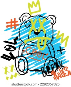 Print with bear, crown, words and other elements for t-shirt, clothing, cards, message and more design.