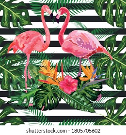 Print beautiful tropic pink flamingo and hibiscus flower on a black and white geometric background. Seamless pattern