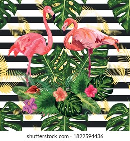 Print beautiful tropic pink flamingo and hibiscus flower on a black and white geometric stripe background. Seamless pattern
