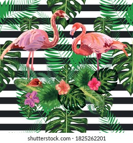 Print beautiful tropic pink flamingo and hibiscus flower on a black and white geometric background. Seamless pattern