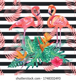 Print beautiful tropic watercolor pink flamingo and hibiscus flower on a black and white geometric background. Seamless pattern painting summer animal in trendy style hand-drawing.