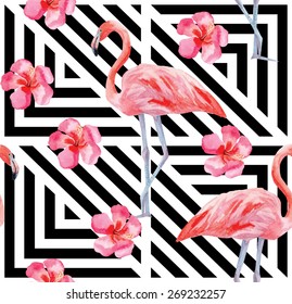 Print beautiful tropic watercolor pink flamingo and hibiscus flower on a black and white geometric background. Seamless vector pattern painting summer animal in trendy style hand-drawing.