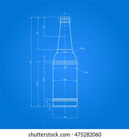 Print Of Beer Bottle. A bottle in outline and fully rendered in a technical style. Bottle on engineer or architect background