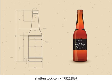 Print Of Beer Bottle. A Bottle In Outline And Fully Rendered In A Technical Style. Bottle On Engineer Or Architect Background