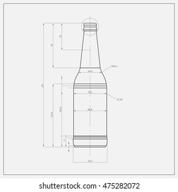 Print Of Beer Bottle. A bottle in outline and fully rendered in a technical style. Bottle on engineer or architect background