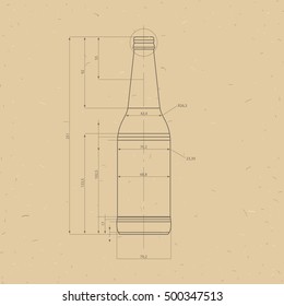 Print Of Beer Bottle. A bottle in outline and fully rendered in a technical style. 