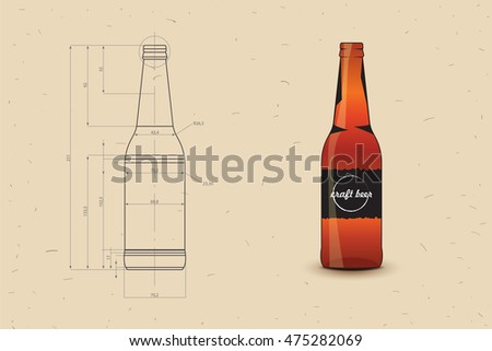 Print Of Beer Bottle. A bottle in outline and fully rendered in a technical style. Bottle on engineer or architect background
