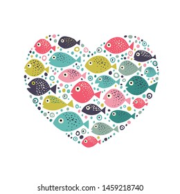 Print with a big heart and fish.
