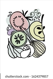 Print for bio-packaging, vegan menu design, kitchenware, towels. Social media background on healthy lifestyle. Environmental awareness concept. Hand drawn fruit, vegetables grouped in a rectangular